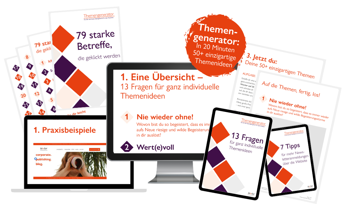 Themengenerator Mockups (1200 × 700 px) Themengenerator – 13 Fragen für ganz individuelle Themenideen